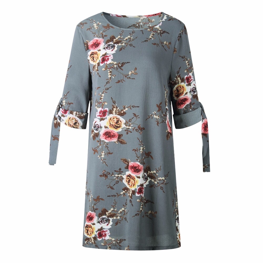 Boho Grayish Blue Floral Chiffon Sheath Dress - Picture 3 of 8